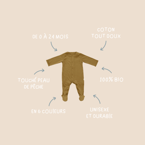 bonito pijama liso en jersey de algodón orgánico para bebé con botones de presión