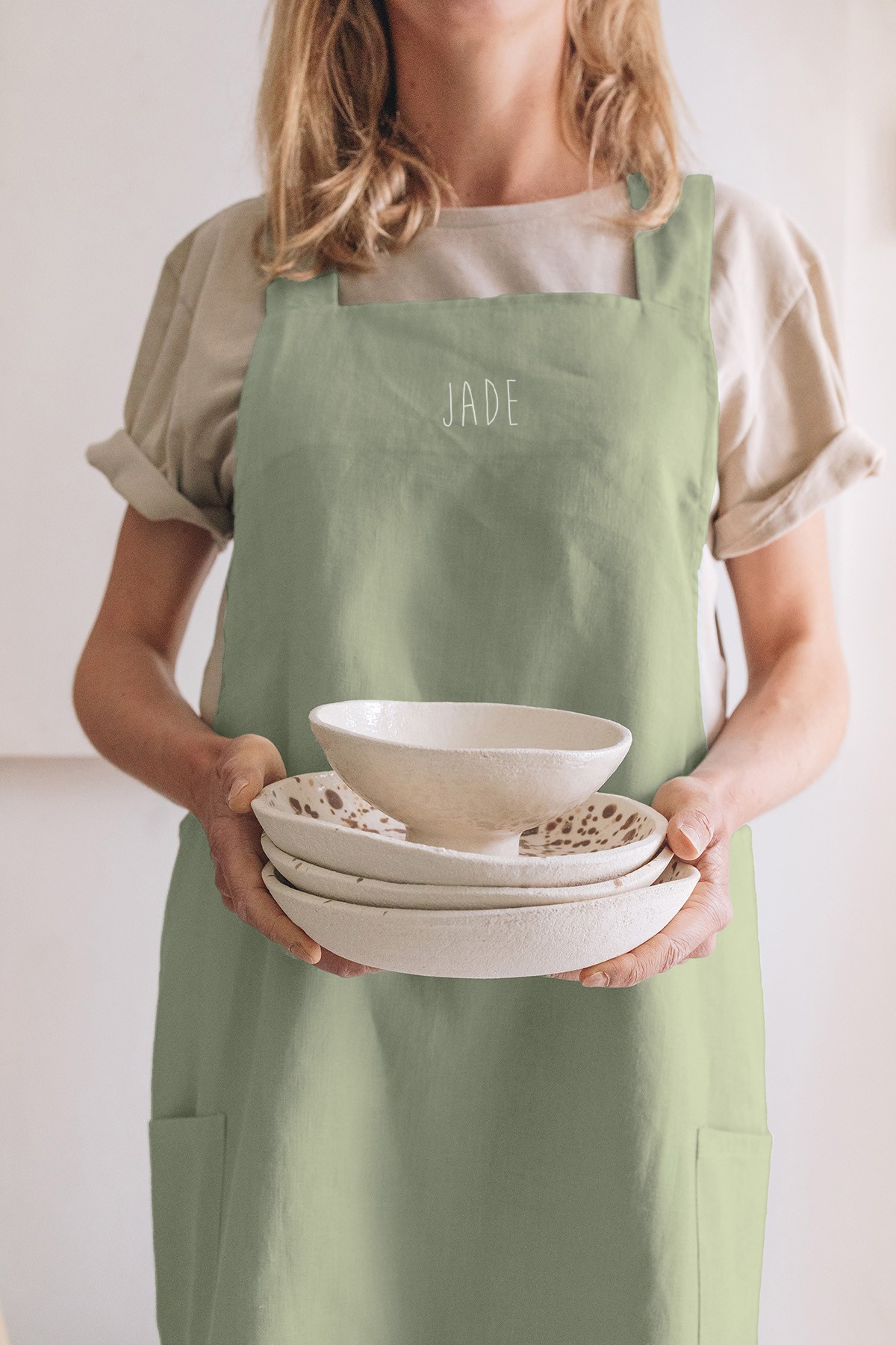 delantal de cocina de lino para adultos, liso y personalizado