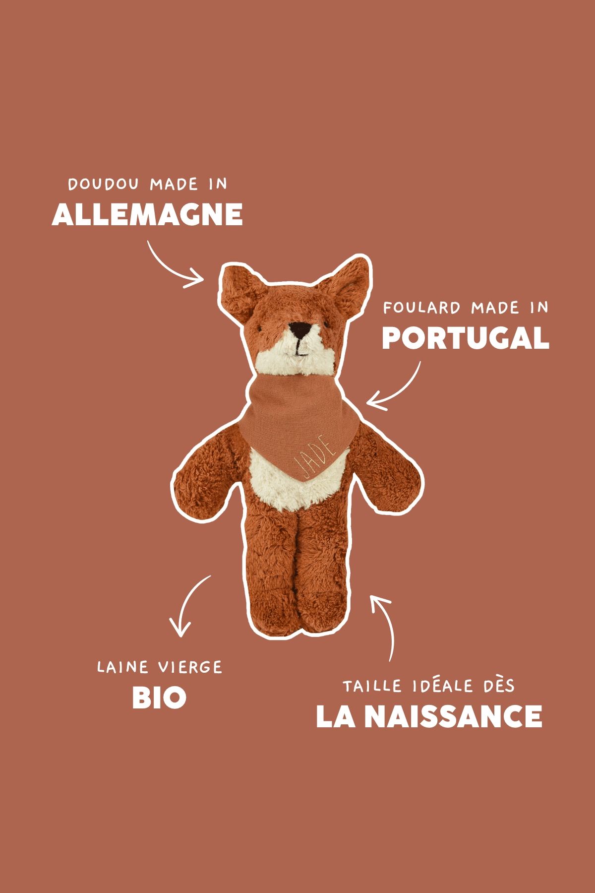 Muñeco de apego peluche zorro suavecito con pañuelo personalizado