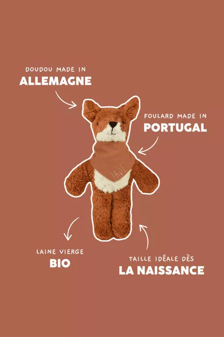 Muñeco de apego peluche zorro suavecito con pañuelo personalizado