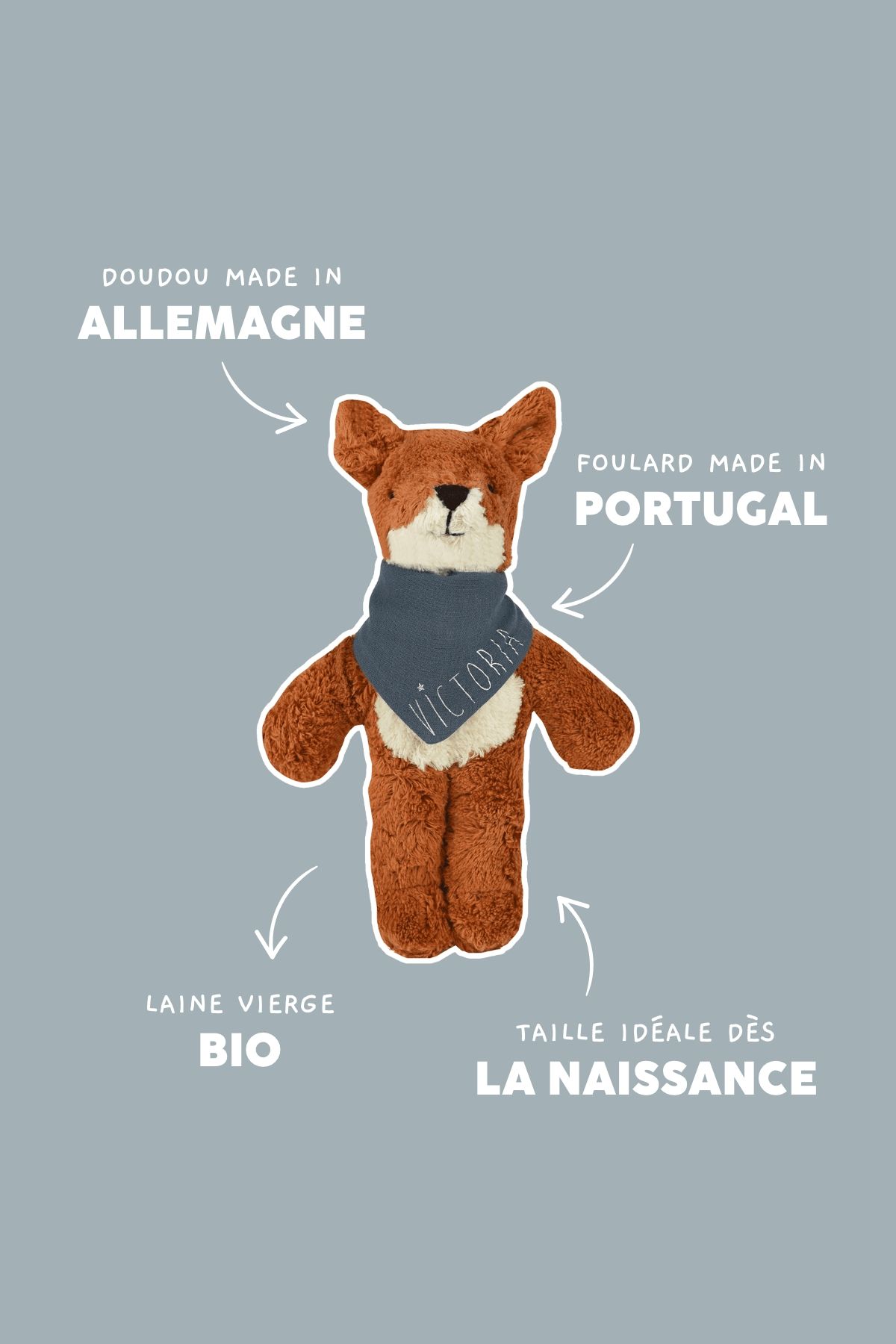 Muñeco de apego peluche zorro suavecito con pañuelo personalizado