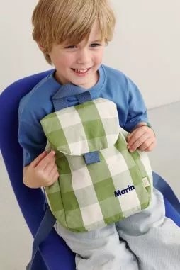 mochila infantil a cuadros de algodón y personalizable