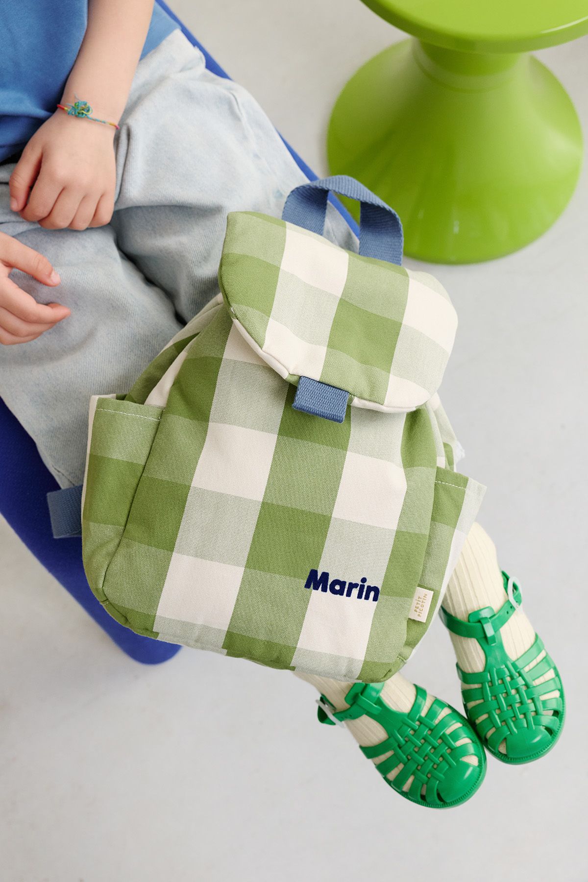 mochila infantil a cuadros de algodón y personalizable
