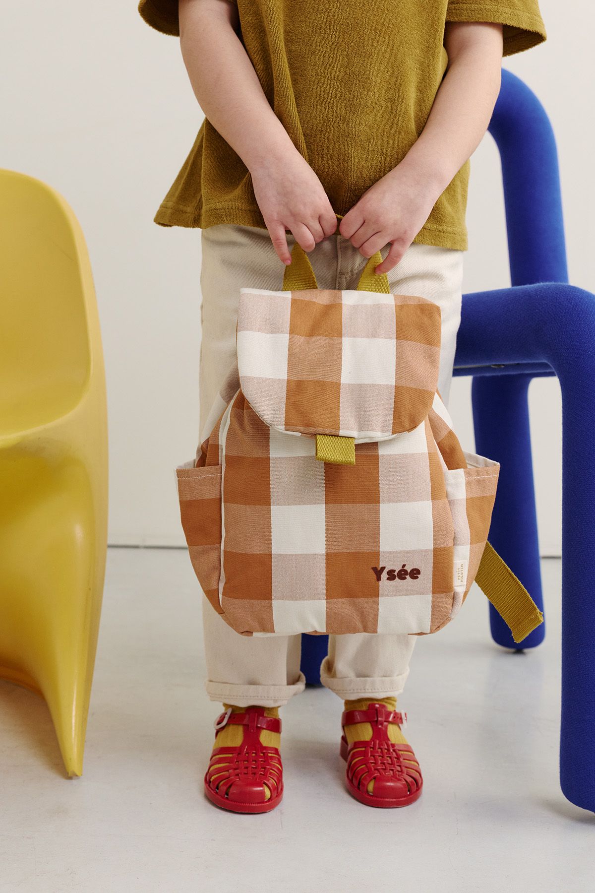 mochila infantil a cuadros de algodón y personalizable