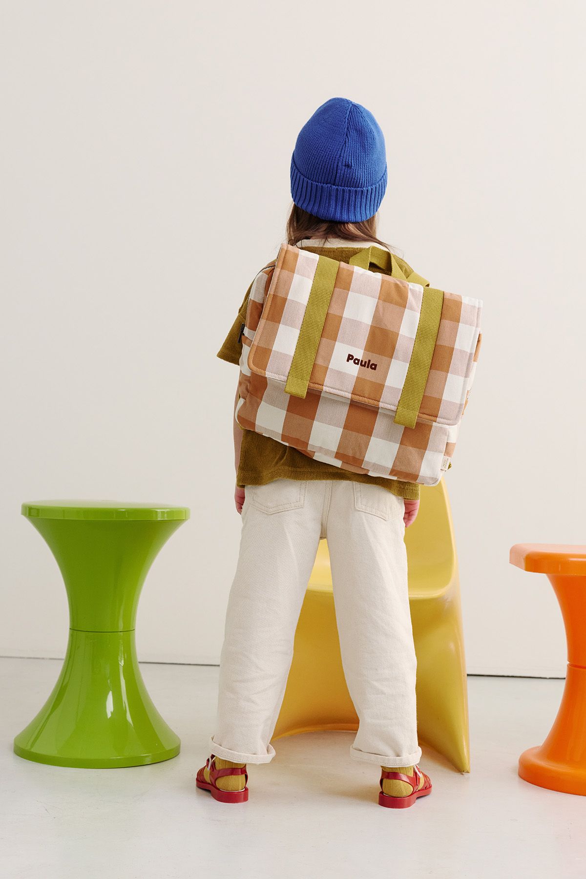 cartera escolar infantil de algodón a cuadros y personalizable