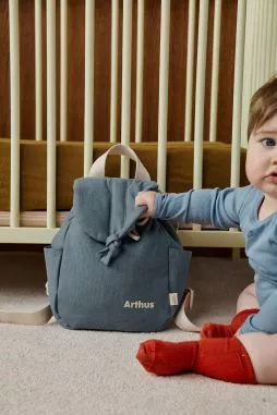 sac à dos bébé en lin personnalisable avec anses ajustables