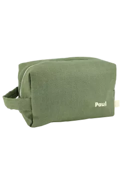 large personalizable linen toiletry bag with interior pockets for children and adults