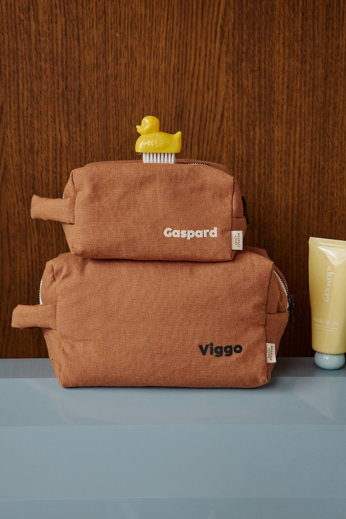 grande trousse de toilette avec des poches intérieures en lin personnalisable enfant adulte