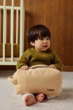 large personalized linen toiletry bag with interior pockets for children and adults