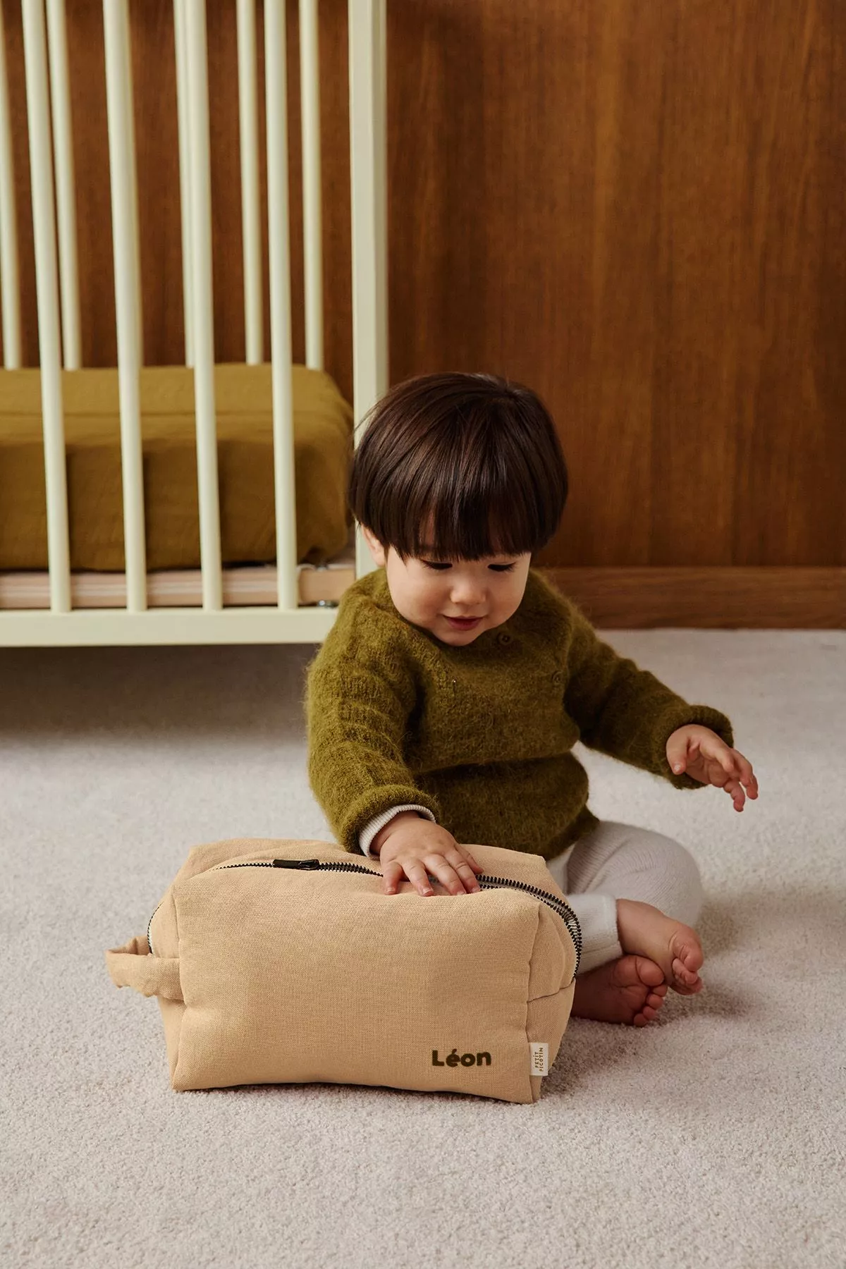large personalized linen toiletry bag with interior pockets for children and adults