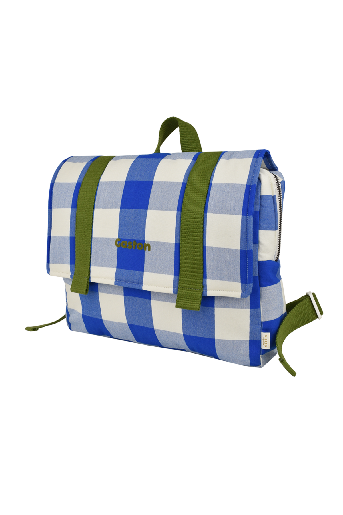 cartera escolar infantil en algodón a cuadros y personalizable