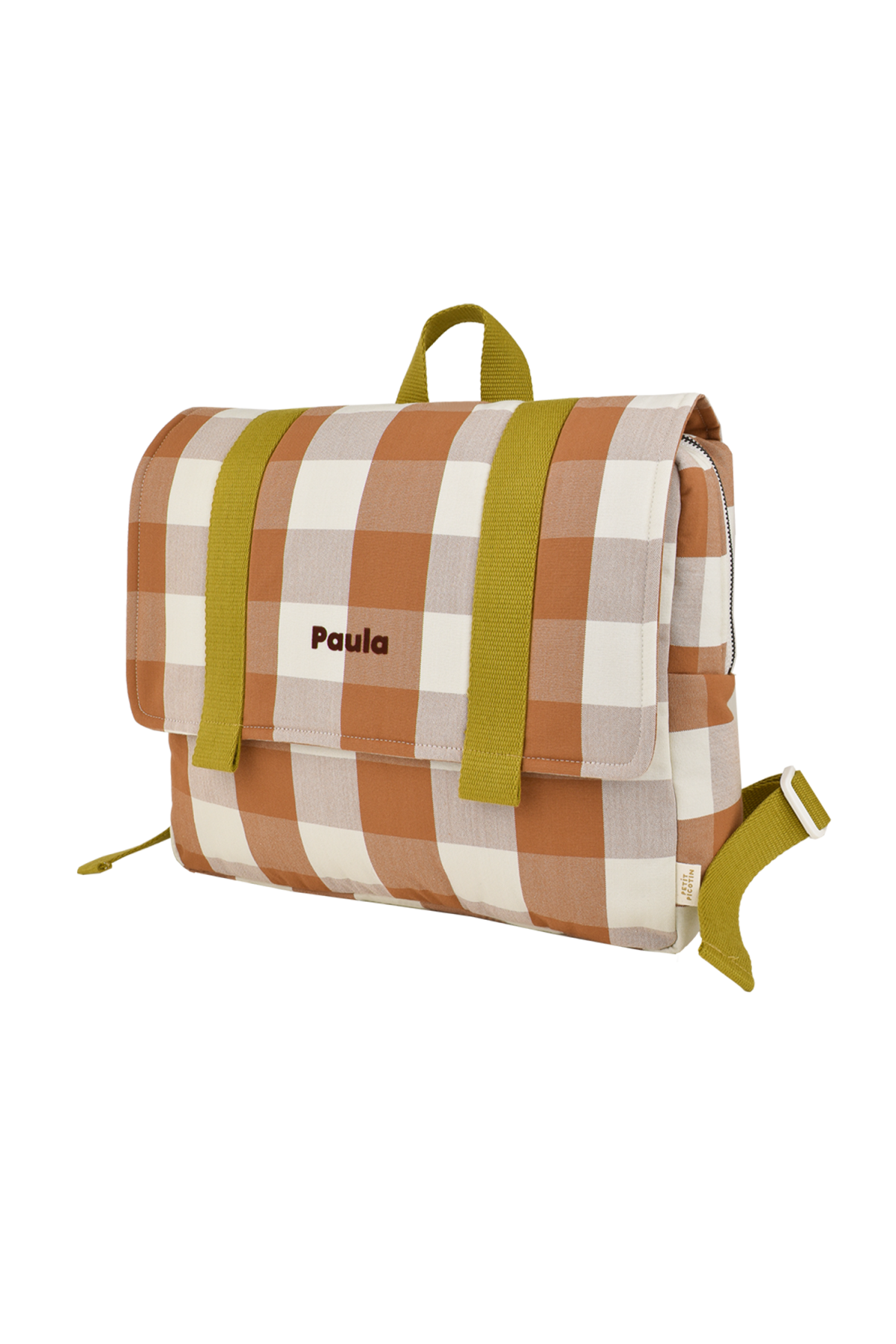 cartera escolar infantil en algodón a cuadros y personalizable