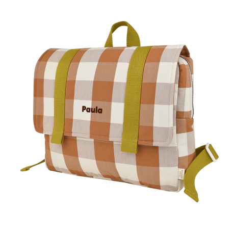 cartera escolar infantil en algodón a cuadros y personalizable