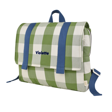 cartera escolar infantil en algodón a cuadros y personalizable