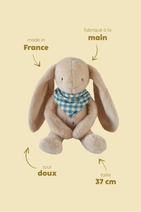 Peluche de apego de conejito para bebé, personalizable, regalo de nacimiento, hecha en Francia