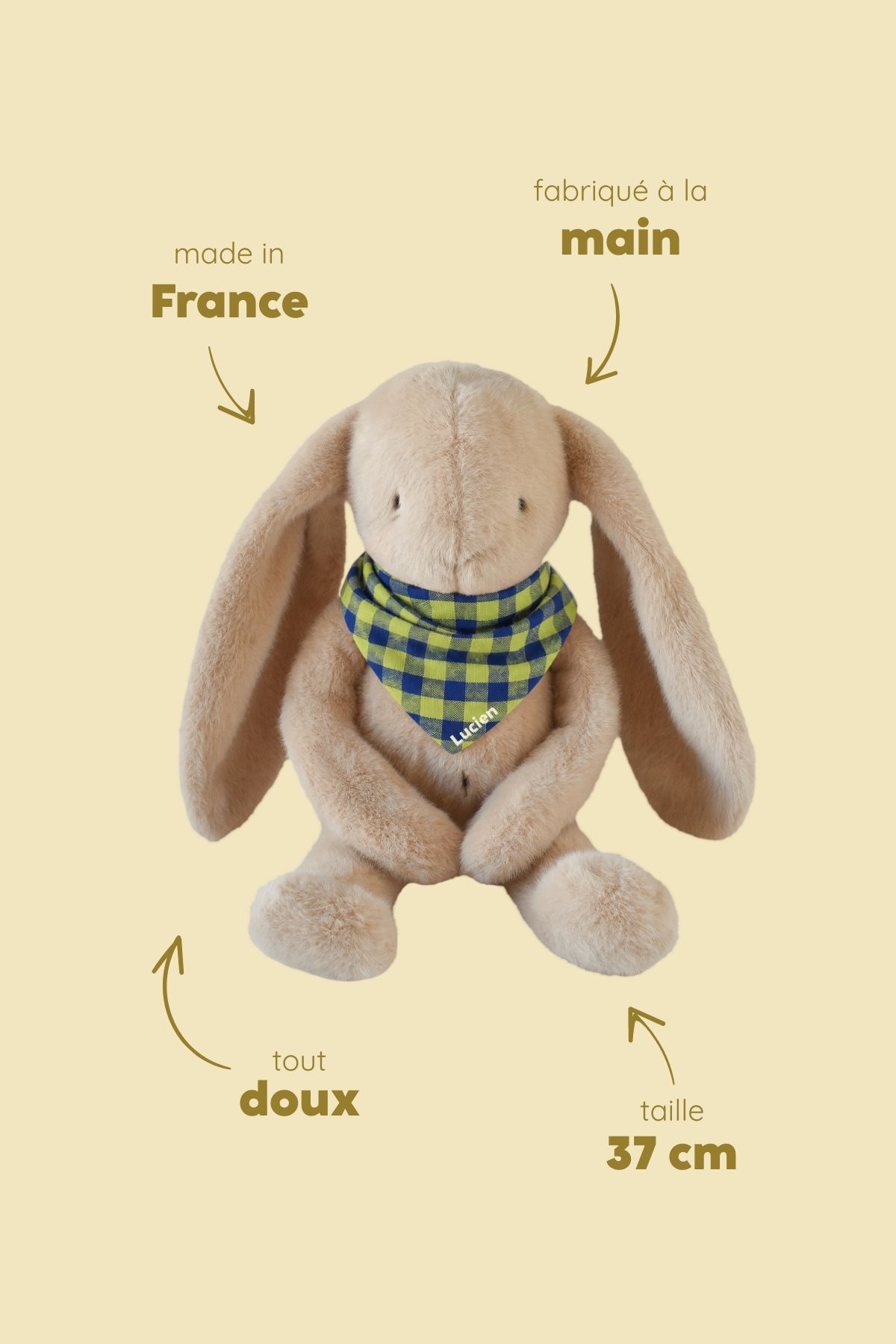 Peluche de apego de conejito para bebé, personalizable, regalo de nacimiento, hecha en Francia