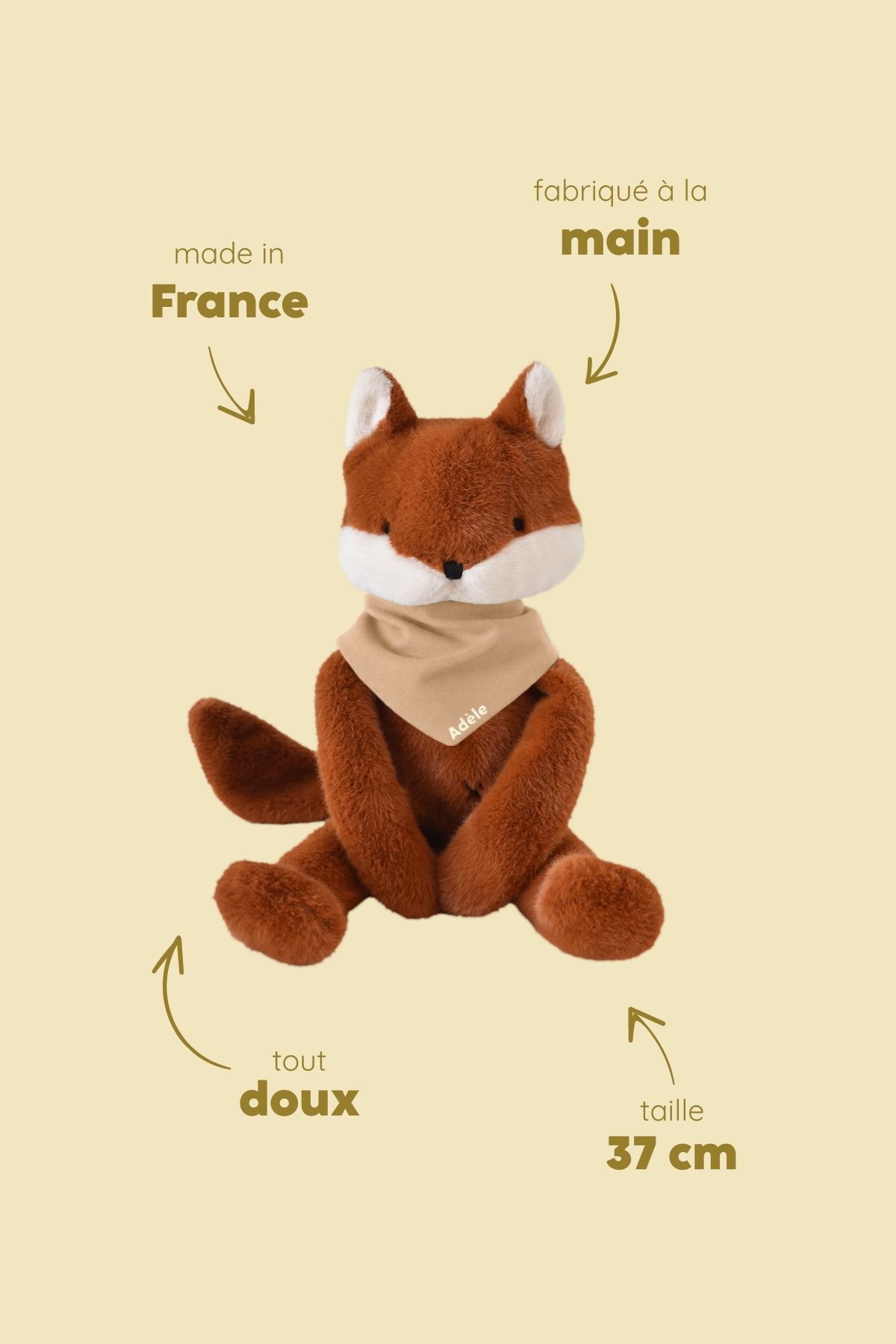 Peluche de apego de zorro personalizable para bebé, regalo de nacimiento hecho en Francia