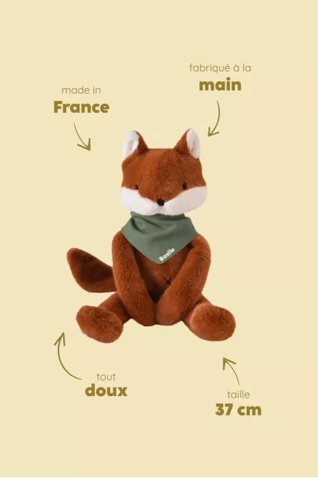 Peluche de apego de zorro personalizable para bebé, regalo de nacimiento hecho en Francia
