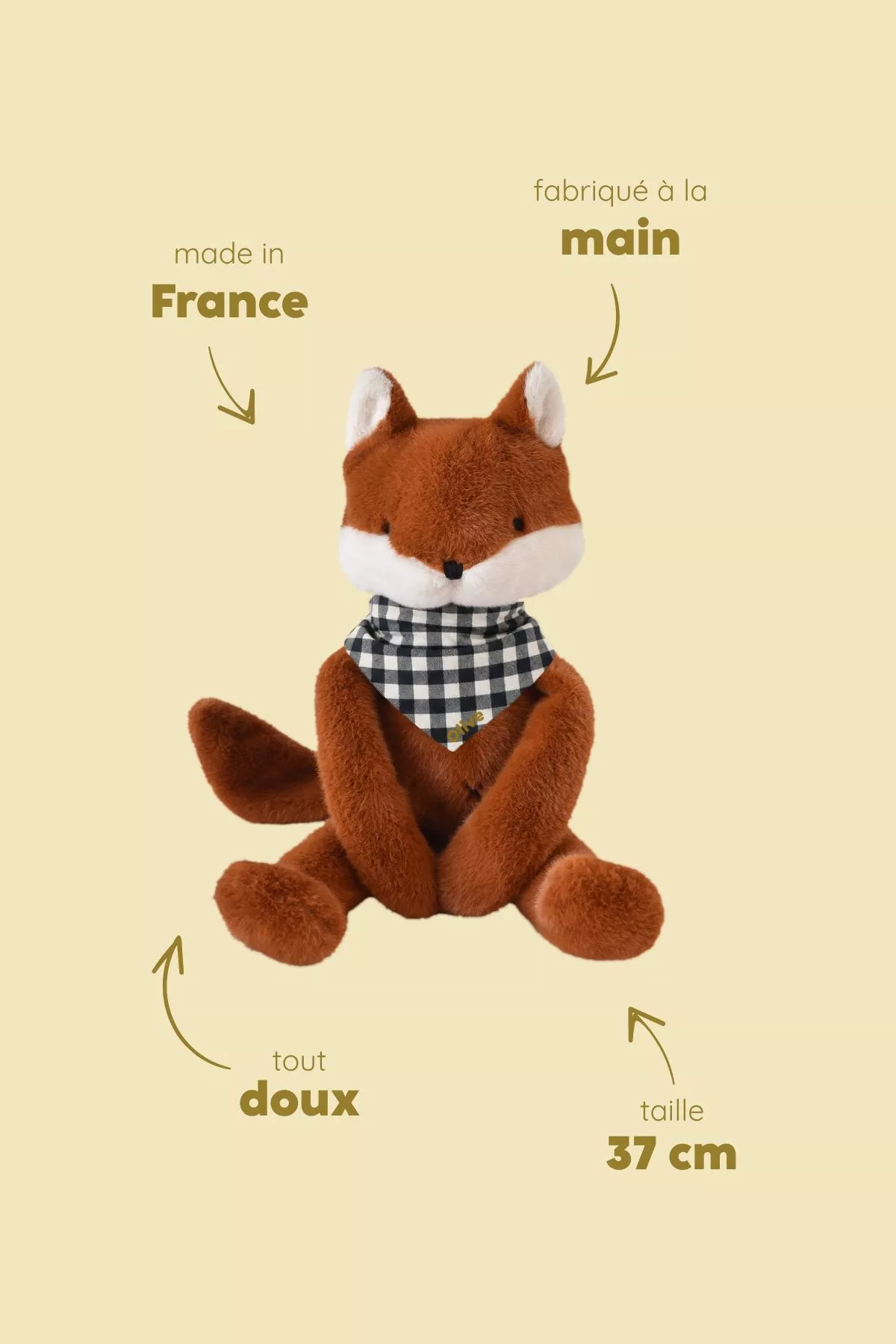 Peluche de apego de zorro personalizable para bebé, regalo de nacimiento hecho en Francia