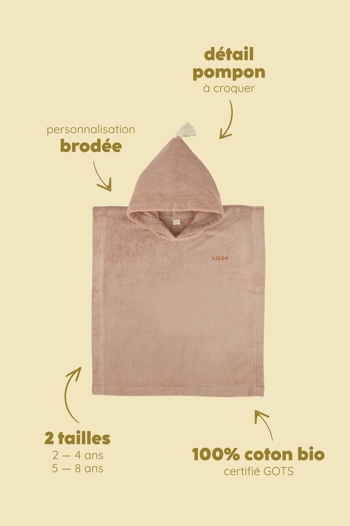 Personalizable kids’ poncho for bath and beach in soft terry cloth