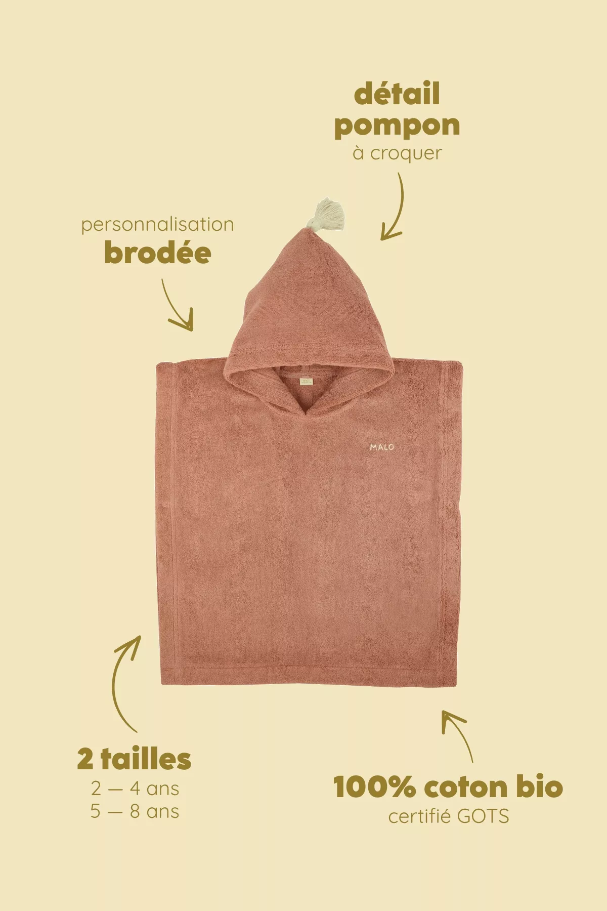 Personalizable kids’ poncho for bath and beach in soft terry cloth
