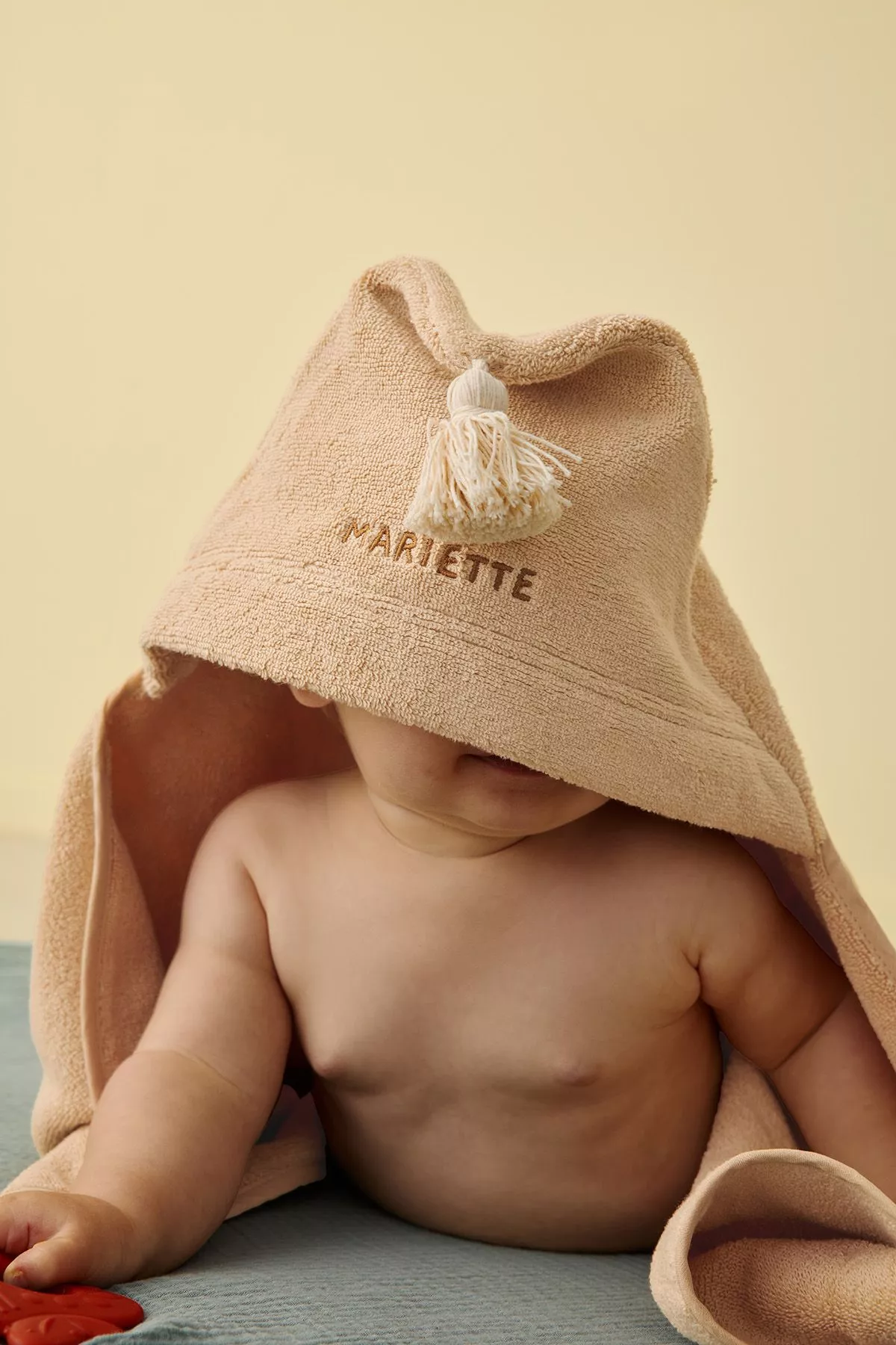 personalizable baby hooded bath towel in soft, absorbent terry cloth