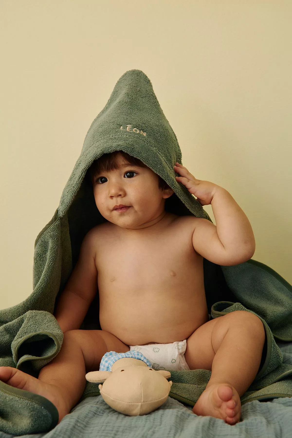 personalizable baby hooded bath towel in soft, absorbent terry cloth
