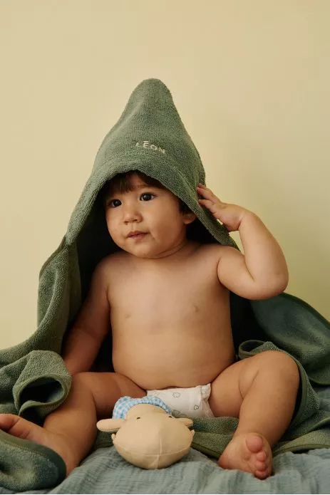 personalizable baby hooded bath towel in soft, absorbent terry cloth