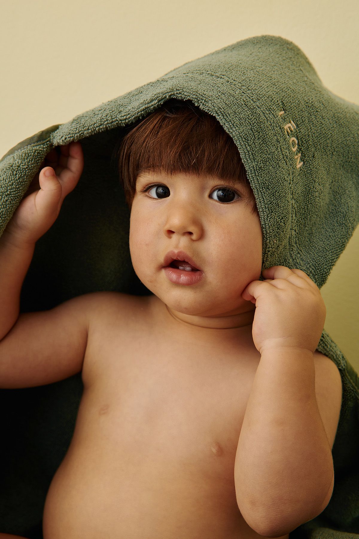 personalizable baby hooded bath towel in soft, absorbent terry cloth
