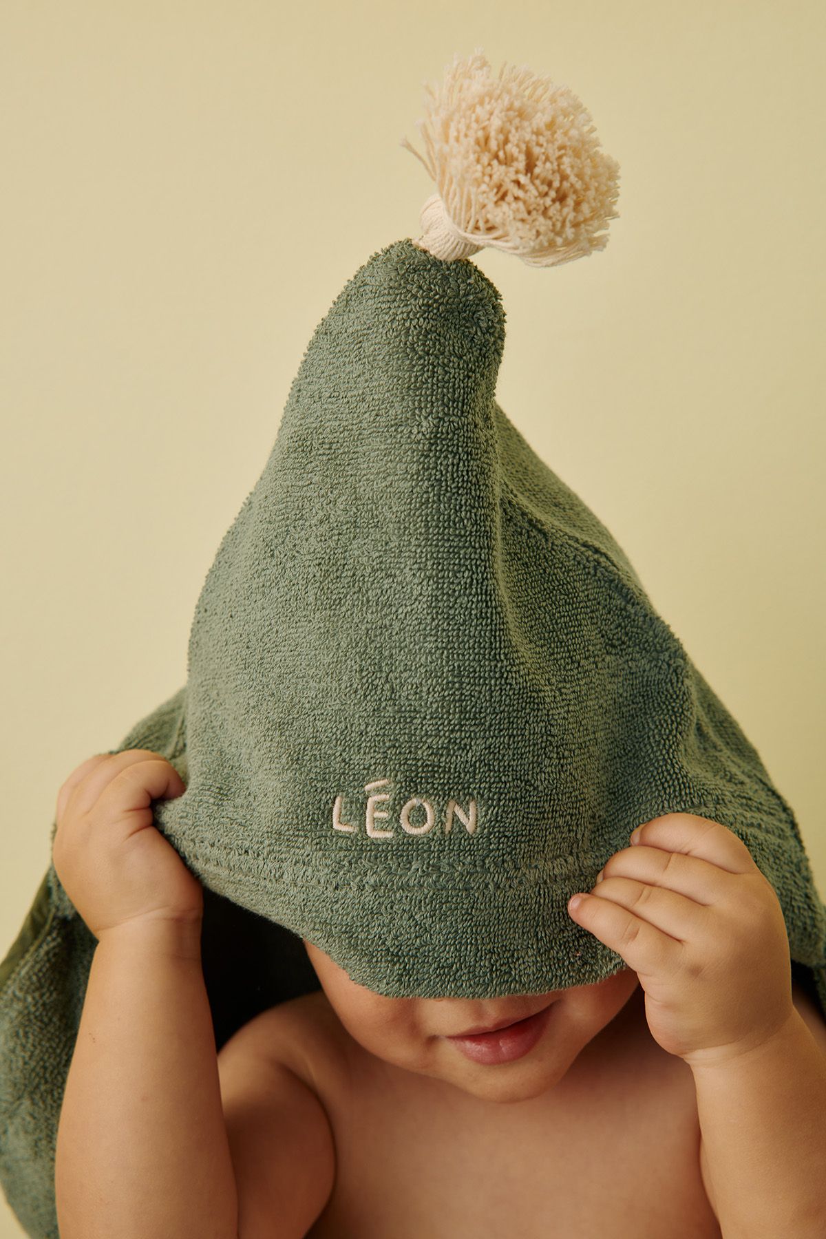 personalizable baby hooded bath towel in soft, absorbent terry cloth