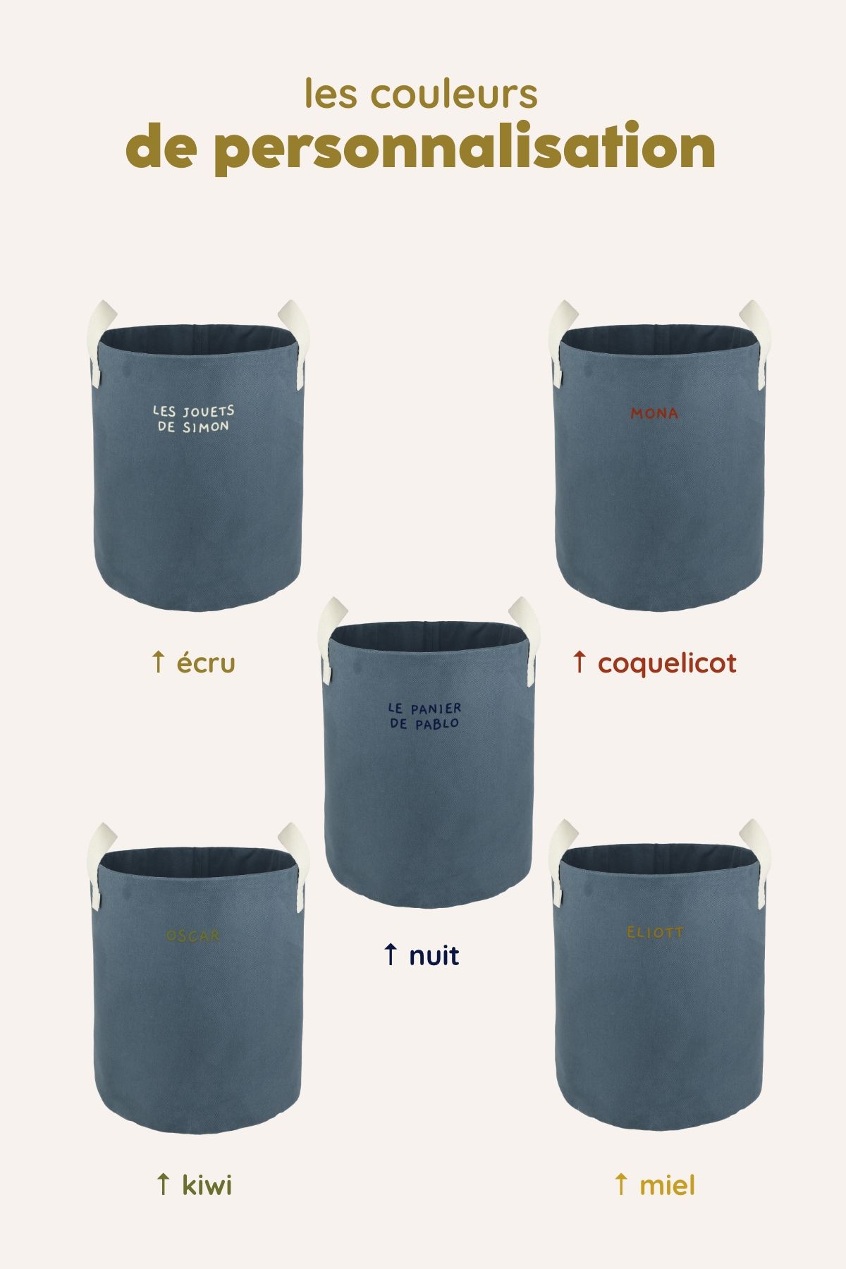 Personalizable toy storage basket in heavyweight cotton