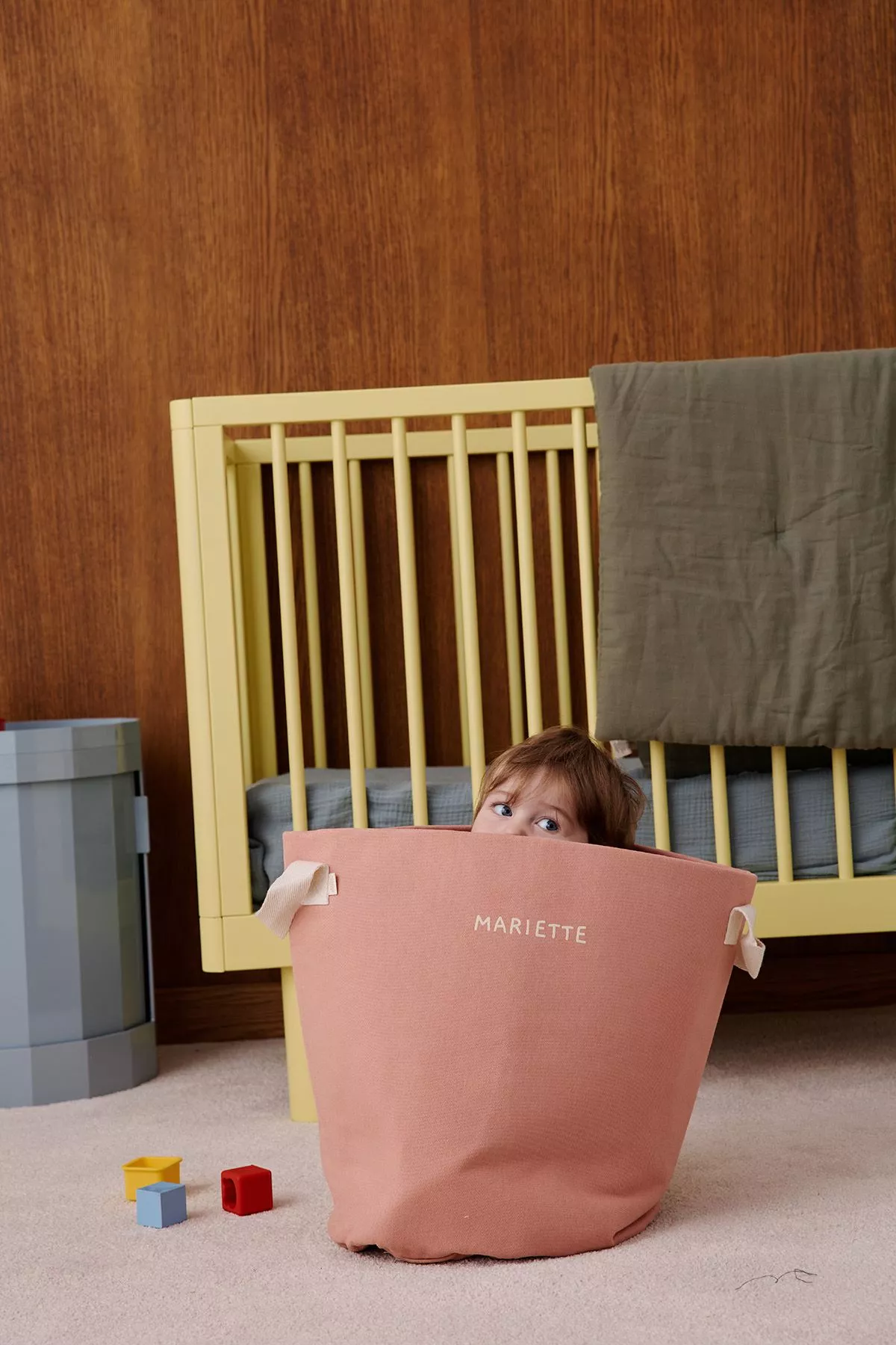 Personalizable toy storage basket in heavyweight cotton