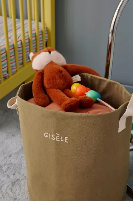 Personalizable toy storage basket in heavyweight cotton