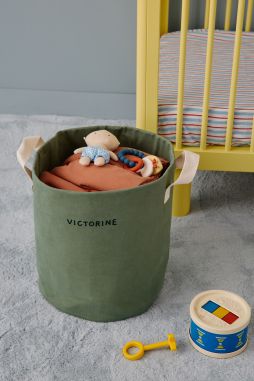 Personalizable toy storage basket in heavyweight cotton