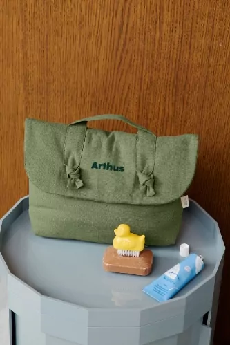 trousse de toilette personnalisée en lin avec noeuds