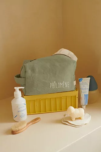 trousse de toilette personnalisée en lin pour bébé
