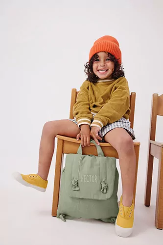 sac à dos enfant en lin avec petits noeuds