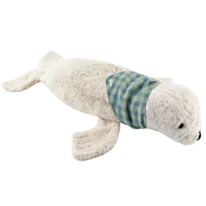 doudou phoque bouillotte avec foulard vichy personnalisable