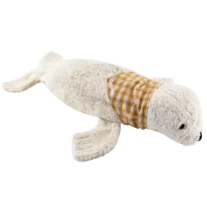 doudou phoque bouillotte avec foulard vichy personnalisable